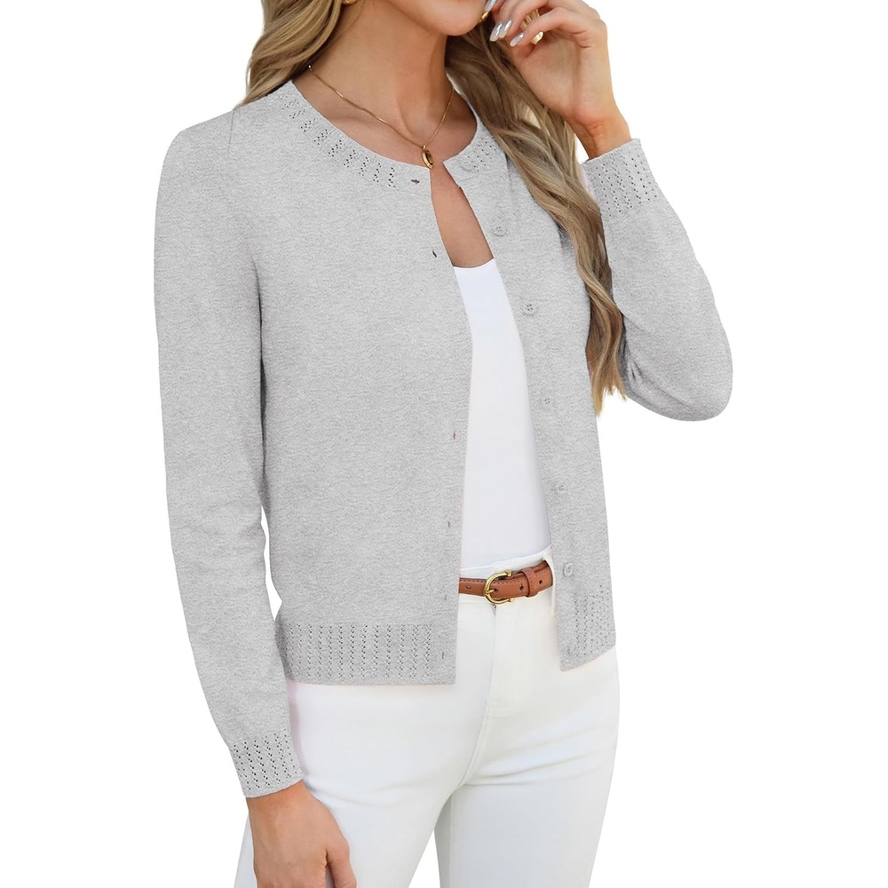 image:imageGRACE KARIN Womens Cropped Cardigan Sweaters Trendy Lightweight Shrugs Button Up Long Sleeve Fall Fashion OutfitsLight Grey