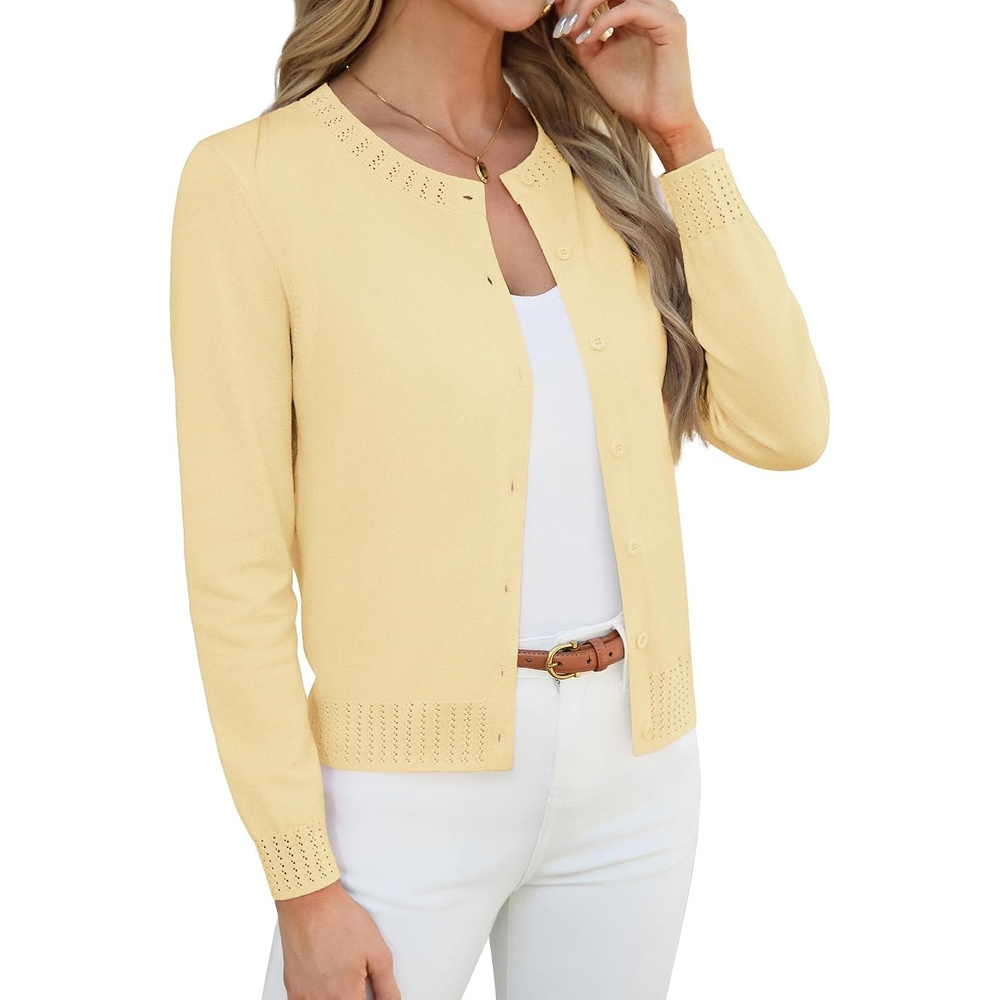 image:imageGRACE KARIN Womens Cropped Cardigan Sweaters Trendy Lightweight Shrugs Button Up Long Sleeve Fall Fashion OutfitsLight Yellow