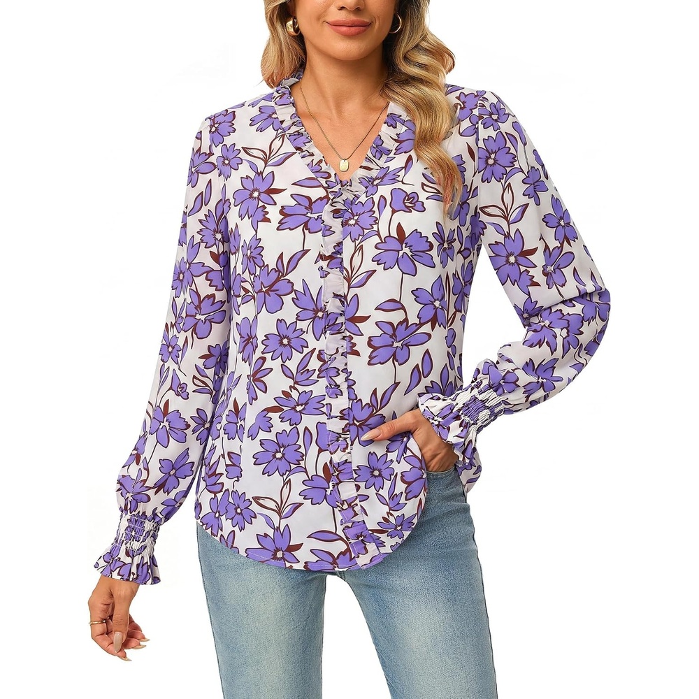 image:imageGRACE KARIN Womens Long Sleeve Boho Tops Ruffle Work Blouses Chiffon Shirts  V Neck Floral Tops for Women Dressy Casual 2026 Fall Fashion Clothes Business Casual OutfitsLilac