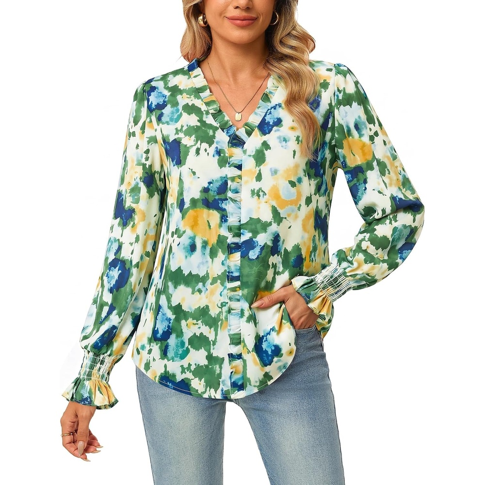 image:imageGRACE KARIN Womens Long Sleeve Boho Tops Ruffle Work Blouses Chiffon Shirts  V Neck Floral Tops for Women Dressy Casual 2026 Fall Fashion Clothes Business Casual OutfitsMulti Green