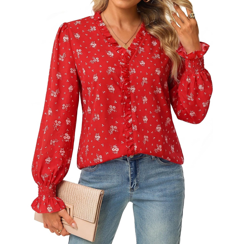 image:imageGRACE KARIN Womens Long Sleeve Boho Tops Ruffle Work Blouses Chiffon Shirts  V Neck Floral Tops for Women Dressy Casual 2026 Fall Fashion Clothes Business Casual OutfitsRed Flower