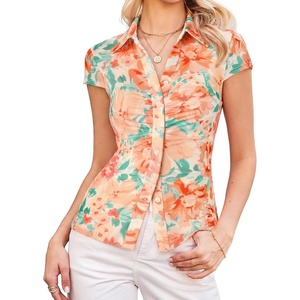 GRACE KARIN 2026 Women Mesh Boho Tops Dressy Casual Floral Work Blouses | Short Sleeve Top, Button Down Collared Shirts, V Neck, Slim Fit, Ruched, Fashion Summer Clothes(Green 0range)