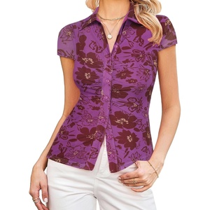 GRACE KARIN 2026 Women Mesh Boho Tops Dressy Casual Floral Work Blouses | Short Sleeve Top, Button Down Collared Shirts, V Neck, Slim Fit, Ruched, Fashion Summer Clothes(Purple Floral)