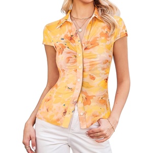 GRACE KARIN 2026 Women Mesh Boho Tops Dressy Casual Floral Work Blouses | Short Sleeve Top, Button Down Collared Shirts, V Neck, Slim Fit, Ruched, Fashion Summer Clothes(Yellow Orange)