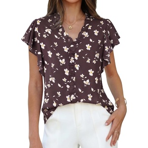 GRACE KARIN 2026 Womens Boho Tops Dressy Casual Ruffle Chiffon Blouses | Flutter Sleeve Floral Shirts, V Neck Summer Fashion Clothes, Business Work Tops(Coffee)