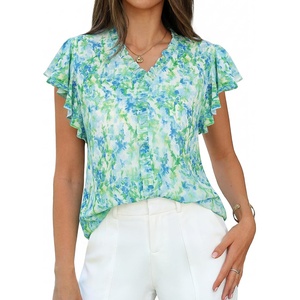 GRACE KARIN 2026 Womens Boho Tops Dressy Casual Ruffle Chiffon Blouses | Flutter Sleeve Floral Shirts, V Neck Summer Fashion Clothes, Business Work Tops(Green)
