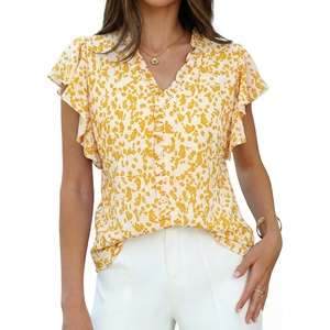 GRACE KARIN 2026 Womens Boho Tops Dressy Casual Ruffle Chiffon Blouses | Flutter Sleeve Floral Shirts, V Neck Summer Fashion Clothes, Business Work Tops(Yellow)