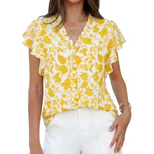 GRACE KARIN 2026 Womens Boho Tops Dressy Casual Ruffle Chiffon Blouses | Flutter Sleeve Floral Shirts, V Neck Summer Fashion Clothes, Business Work Tops(Yellow White)