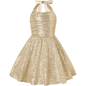 GRACE KARIN Girls Sequin Dress Halter Tie Back Tween Party Fancy Gown 7-14 | Sparkle A-Line Sleeveless Prom Birthday Wedding Graduation Flower Girl Pageant Dance Formal Homecoming Princess Party Outfit(Gold Sequin)