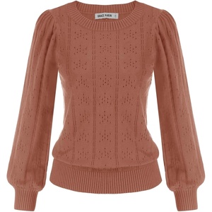 GRACE KARIN Puff Long Sleeve Crochet Fall Sweaters for Women Trendy 2026 | Cute Dressy Casual Work Top,Knit Pullover,Fashion Clothes,Lantern Sleeve,Crew Neck,Lightweight,Knit,Hollow Out,Layer Clothing(Cl0834 Red Brown Long Sleeve)