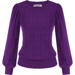 GRACE KARIN Puff Long Sleeve Crochet Fall Sweaters for Women Trendy 2026 | Cute Dressy Casual Work Top,Knit Pullover,Fashion Clothes,Lantern Sleeve,Crew Neck,Lightweight,Knit,Hollow Out,Layer Clothing(Dark Purple)
