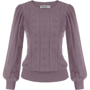 GRACE KARIN Puff Long Sleeve Crochet Fall Sweaters for Women Trendy 2026 | Cute Dressy Casual Work Top,Knit Pullover,Fashion Clothes,Lantern Sleeve,Crew Neck,Lightweight,Knit,Hollow Out,Layer Clothing(Cl0834 Purple Long Sleeve)