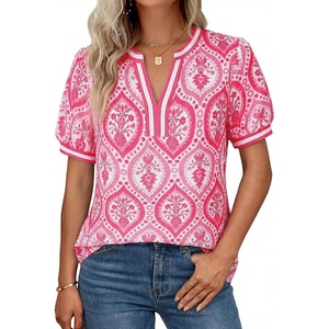 GRACE KARIN Women Boho Floral Tops, 2026 Summer V Neck Puff Short Sleeve Dressy Casual Shirts(Folk Pink Flower)