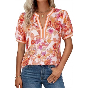GRACE KARIN Women Boho Floral Tops, 2026 Summer V Neck Puff Short Sleeve Dressy Casual Shirts(Orange Red Flower)