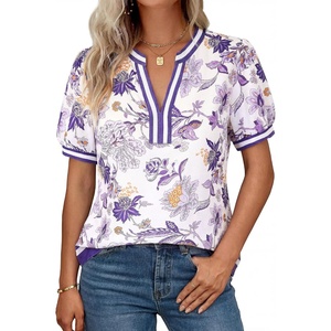 GRACE KARIN Women Boho Floral Tops, 2026 Summer V Neck Puff Short Sleeve Dressy Casual Shirts(Purple Flower)