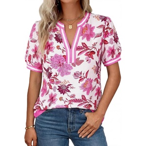 GRACE KARIN Women Boho Floral Tops, 2026 Summer V Neck Puff Short Sleeve Dressy Casual Shirts(Rose-red Flower)