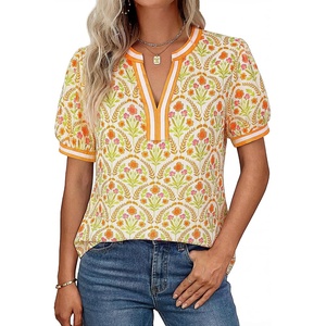 GRACE KARIN Women Boho Floral Tops, 2026 Summer V Neck Puff Short Sleeve Dressy Casual Shirts(Wheat Ear Flower)