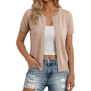 GRACE KARIN Women Short Sleeve Cardigan, 2026 Button Down Knit Sweater Tops, Basic Crew Neck Fall Fashion Outfits(Khaki)