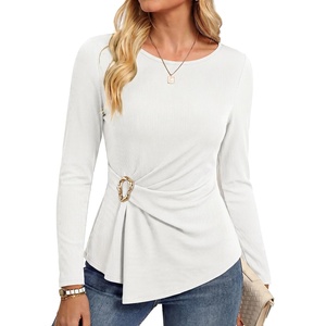 GRACE KARIN Womens 2026 Fall Peplum Top Dressy Casual | Slim Fit, Ribbed Knit, Asymmetric Hem, Waist Twist, Delicate Buckle, Long Sleeve Shirt, Business Blouse, Fashion Trendy(Ivory White)