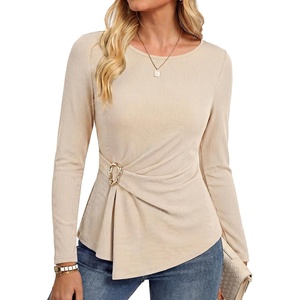 GRACE KARIN Womens 2026 Fall Peplum Top Dressy Casual | Slim Fit, Ribbed Knit, Asymmetric Hem, Waist Twist, Delicate Buckle, Long Sleeve Shirt, Business Blouse, Fashion Trendy(Apricot)