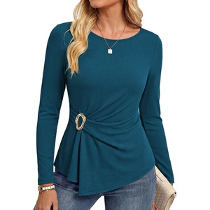GRACE KARIN Womens 2026 Fall Peplum Top Dressy Casual | Slim Fit, Ribbed Knit, Asymmetric Hem, Waist Twist, Delicate Buckle, Long Sleeve Shirt, Business Blouse, Fashion Trendy(Peacock Blue)