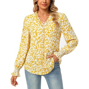 GRACE KARIN Womens Long Sleeve Boho Tops Ruffle Work Blouses Chiffon Shirts | V Neck, Floral Tops for Women Dressy Casual, 2026 Fall Fashion Clothes, Business Casual Outfits(Yellow)