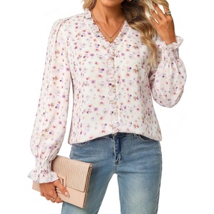 GRACE KARIN Womens Long Sleeve Boho Tops Ruffle Work Blouses Chiffon Shirts | V Neck, Floral Tops for Women Dressy Casual, 2026 Fall Fashion Clothes, Business Casual Outfits(White Flower)