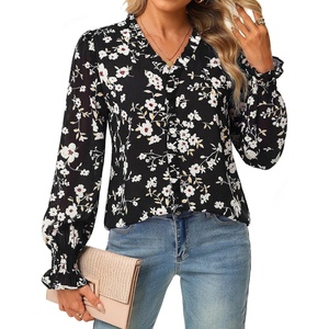 GRACE KARIN Womens Long Sleeve Boho Tops Ruffle Work Blouses Chiffon Shirts | V Neck, Floral Tops for Women Dressy Casual, 2026 Fall Fashion Clothes, Business Casual Outfits(Black)