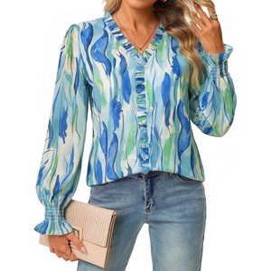 GRACE KARIN Womens Long Sleeve Boho Tops Ruffle Work Blouses Chiffon Shirts | V Neck, Floral Tops for Women Dressy Casual, 2026 Fall Fashion Clothes, Business Casual Outfits(Blue Green)