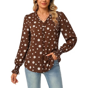 GRACE KARIN Womens Long Sleeve Boho Tops Ruffle Work Blouses Chiffon Shirts | V Neck, Floral Tops for Women Dressy Casual, 2026 Fall Fashion Clothes, Business Casual Outfits(Coffee)