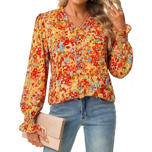 GRACE KARIN Womens Long Sleeve Boho Tops Ruffle Work Blouses Chiffon Shirts | V Neck, Floral Tops for Women Dressy Casual, 2026 Fall Fashion Clothes, Business Casual Outfits(Orange)