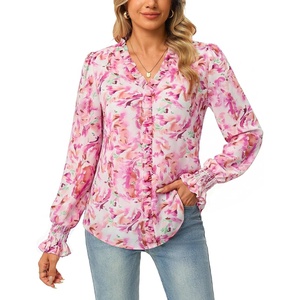 GRACE KARIN Womens Long Sleeve Boho Tops Ruffle Work Blouses Chiffon Shirts | V Neck, Floral Tops for Women Dressy Casual, 2026 Fall Fashion Clothes, Business Casual Outfits(Pink)