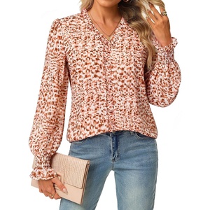 GRACE KARIN Womens Long Sleeve Boho Tops Ruffle Work Blouses Chiffon Shirts | V Neck, Floral Tops for Women Dressy Casual, 2026 Fall Fashion Clothes, Business Casual Outfits(Orange Brown)