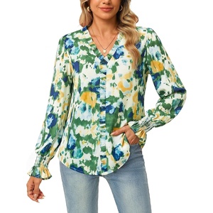 GRACE KARIN Womens Long Sleeve Boho Tops Ruffle Work Blouses Chiffon Shirts | V Neck, Floral Tops for Women Dressy Casual, 2026 Fall Fashion Clothes, Business Casual Outfits(Multi Green)