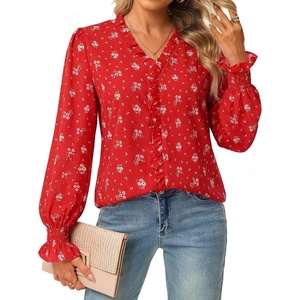 GRACE KARIN Womens Long Sleeve Boho Tops Ruffle Work Blouses Chiffon Shirts | V Neck, Floral Tops for Women Dressy Casual, 2026 Fall Fashion Clothes, Business Casual Outfits(Red Flower)
