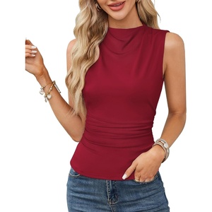 GRACE KARIN Womens Sleeveless Tank Tops Mock Neck Shirts Clothes | High Neck,Ruched,Solid,Slim,Fitted,Crop,Basic,Lightweight,Business Causal,Stretch,Tee,Blouses,Trendy,Fashion,Dressy,Outfits(Dark Red)