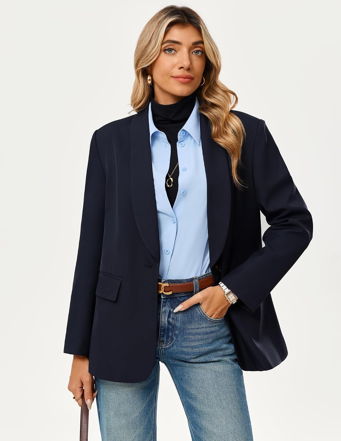 image:imageGRACE KARIN Women 2026 Business Casual BlazerFall Work Office Suit Jackets Long Sleeve Open Front Button Lapel Outfits with Pockets Classic Shawl Collar Dressy Interview Professional CoatNavy