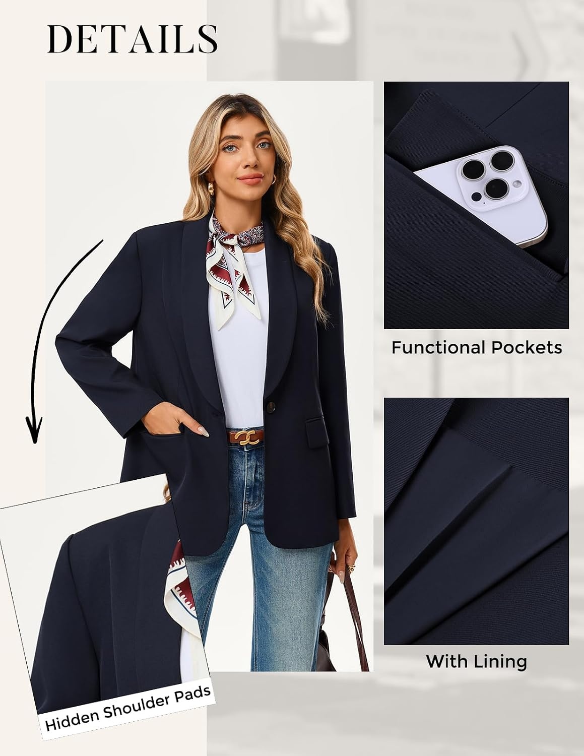image:imageGRACE KARIN Women 2026 Business Casual BlazerFall Work Office Suit Jackets Long Sleeve Open Front Button Lapel Outfits with Pockets Classic Shawl Collar Dressy Interview Professional CoatNavy