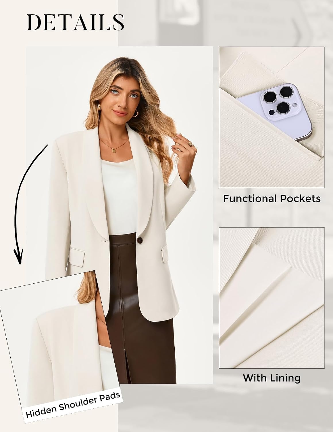 image:imageGRACE KARIN Women 2026 Business Casual BlazerFall Work Office Suit Jackets Long Sleeve Open Front Button Lapel Outfits with Pockets Classic Shawl Collar Dressy Interview Professional CoatWhite