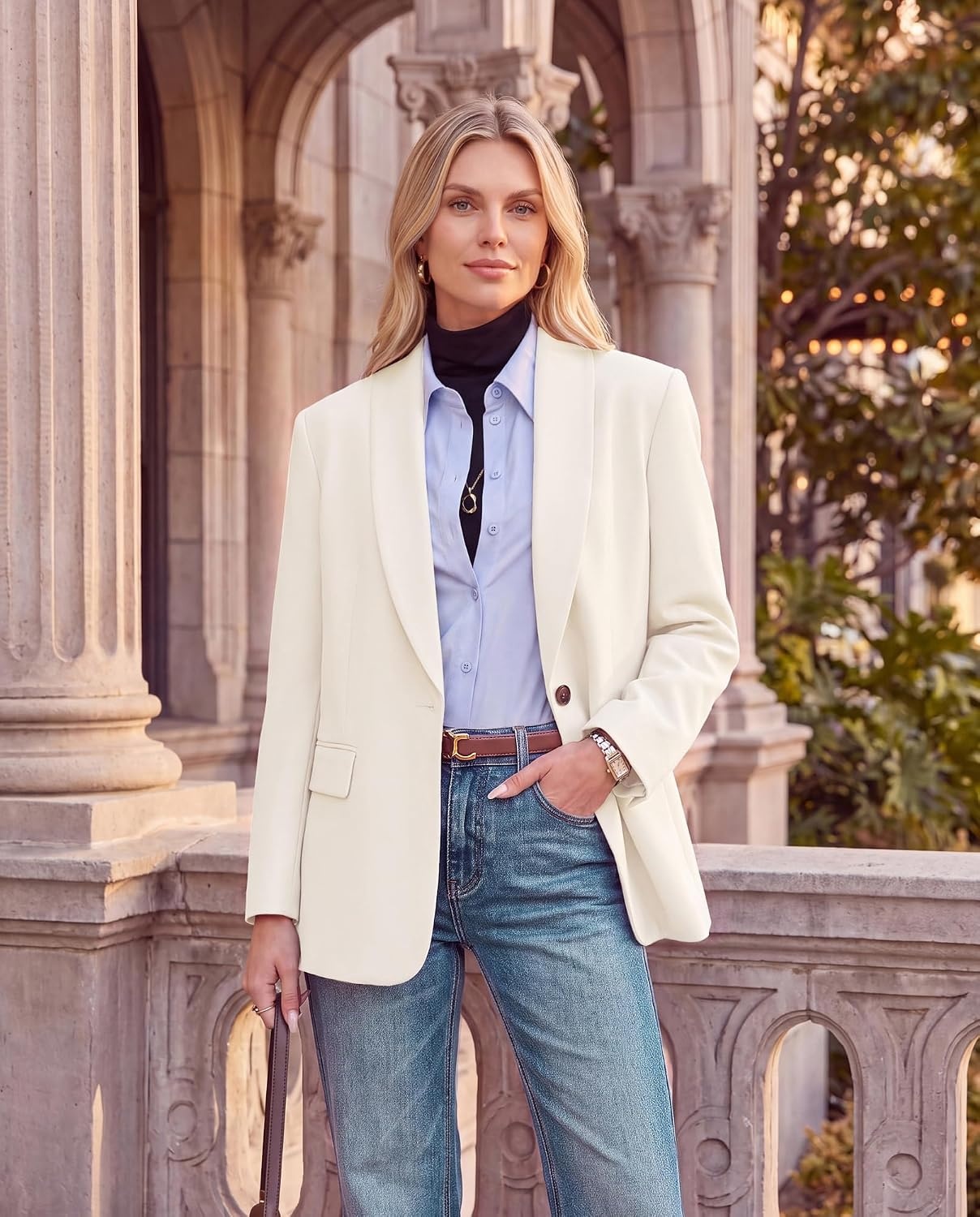 image:imageGRACE KARIN Women 2026 Business Casual BlazerFall Work Office Suit Jackets Long Sleeve Open Front Button Lapel Outfits with Pockets Classic Shawl Collar Dressy Interview Professional CoatWhite