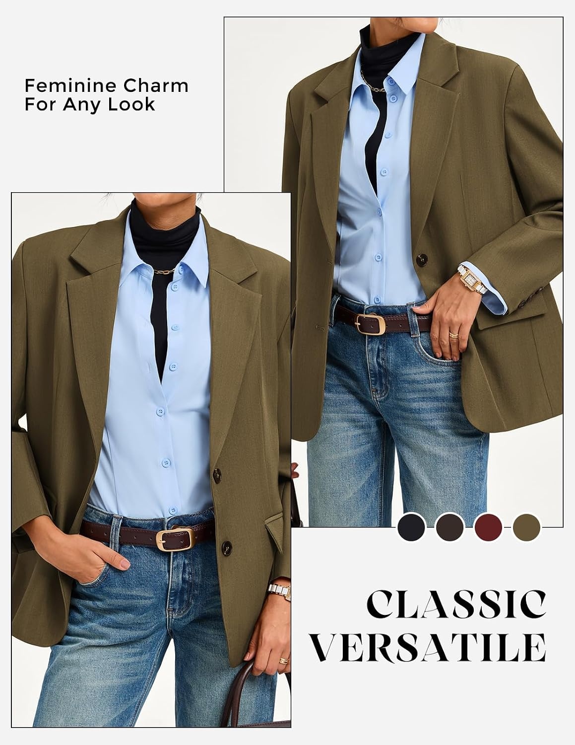 image:imageGRACE KARIN Womens Blazer Business Casual 2026 Relaxed Fit Lapel Open Front 2 flap Pockets Button Cuff Long Sleeve All Seasons Dressy Versatile Work interview Suit JacketsDark Khaki