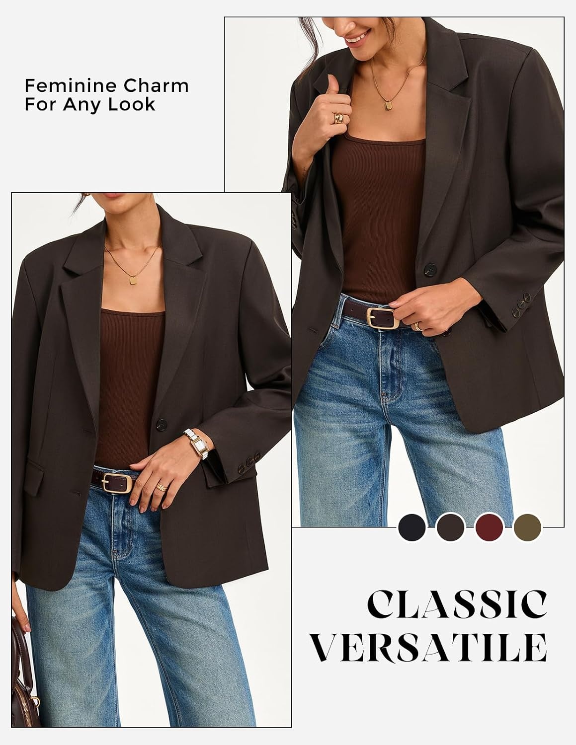 image:imageGRACE KARIN Womens Blazer Business Casual 2026 Relaxed Fit Lapel Open Front 2 flap Pockets Button Cuff Long Sleeve All Seasons Dressy Versatile Work interview Suit JacketsDark Brown