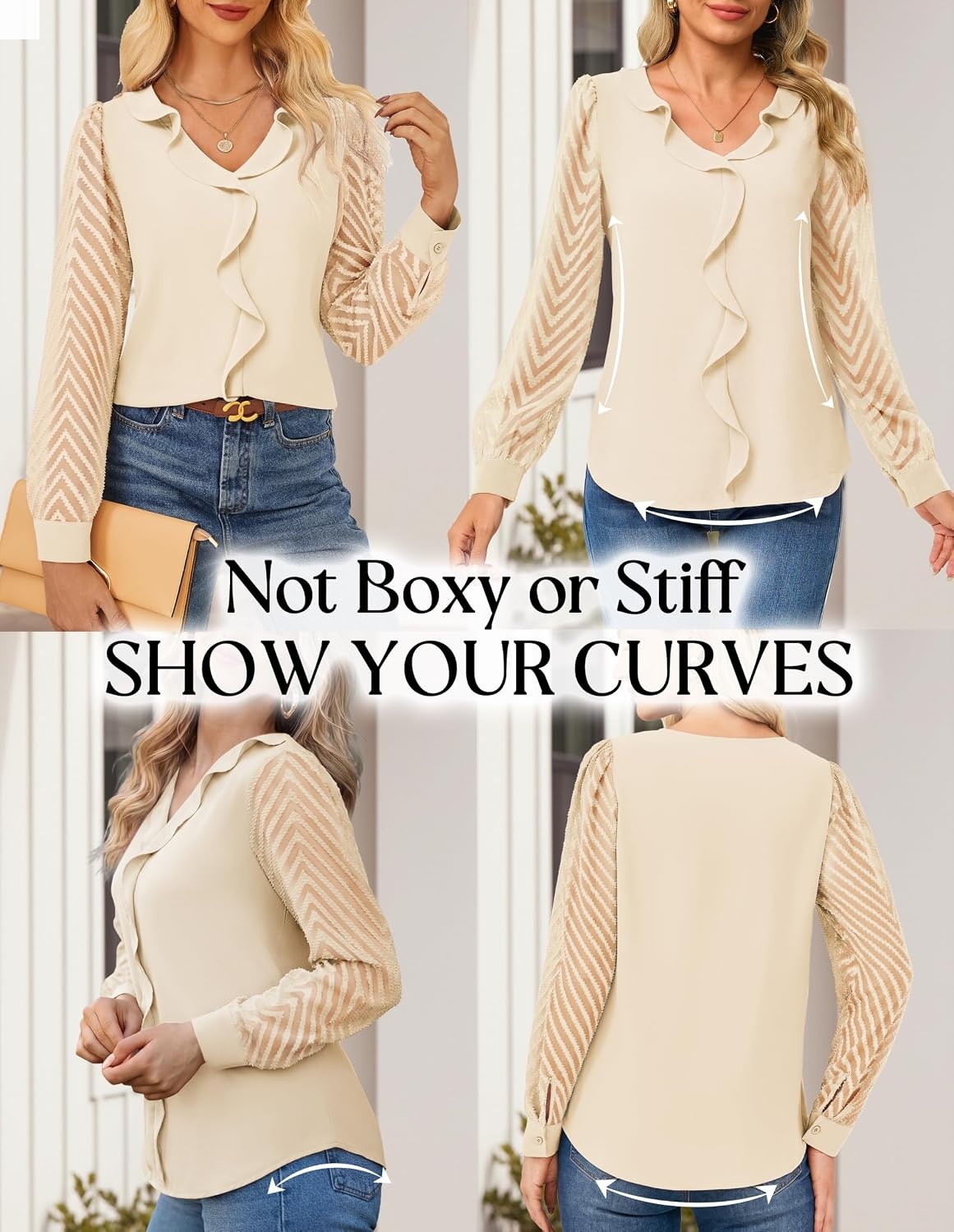 image:imageGRACE KARIN Womens Business Casual Tops Sheer Lace Long Sleeve Blouses Work Office Outfits Formal Dressy Shirt Ruffle V NeckBeige