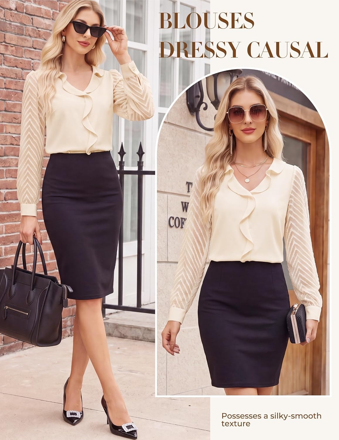 image:imageGRACE KARIN Womens Business Casual Tops Sheer Lace Long Sleeve Blouses Work Office Outfits Formal Dressy Shirt Ruffle V NeckBeige