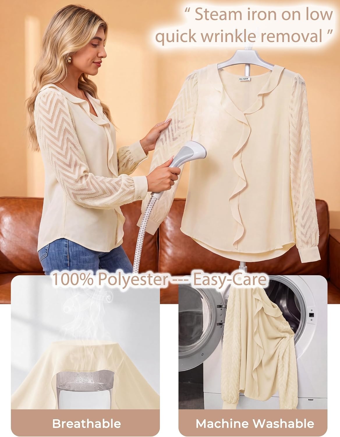 image:imageGRACE KARIN Womens Business Casual Tops Sheer Lace Long Sleeve Blouses Work Office Outfits Formal Dressy Shirt Ruffle V NeckBeige