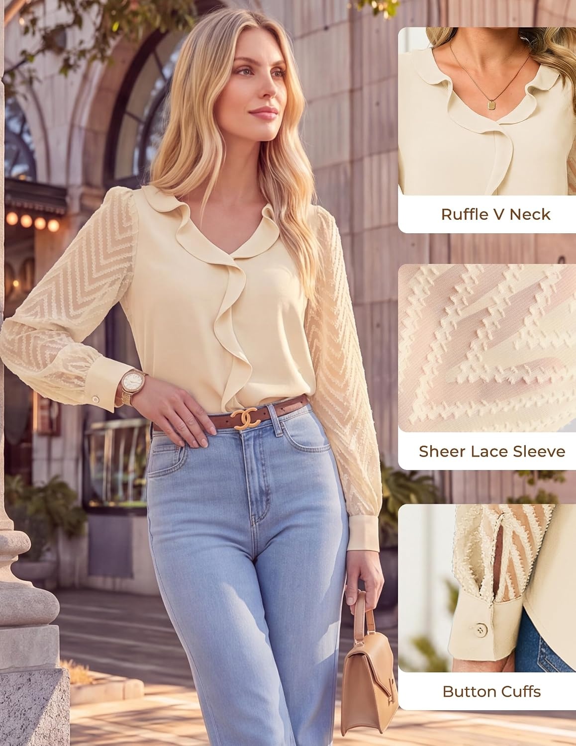 image:imageGRACE KARIN Womens Business Casual Tops Sheer Lace Long Sleeve Blouses Work Office Outfits Formal Dressy Shirt Ruffle V NeckBeige