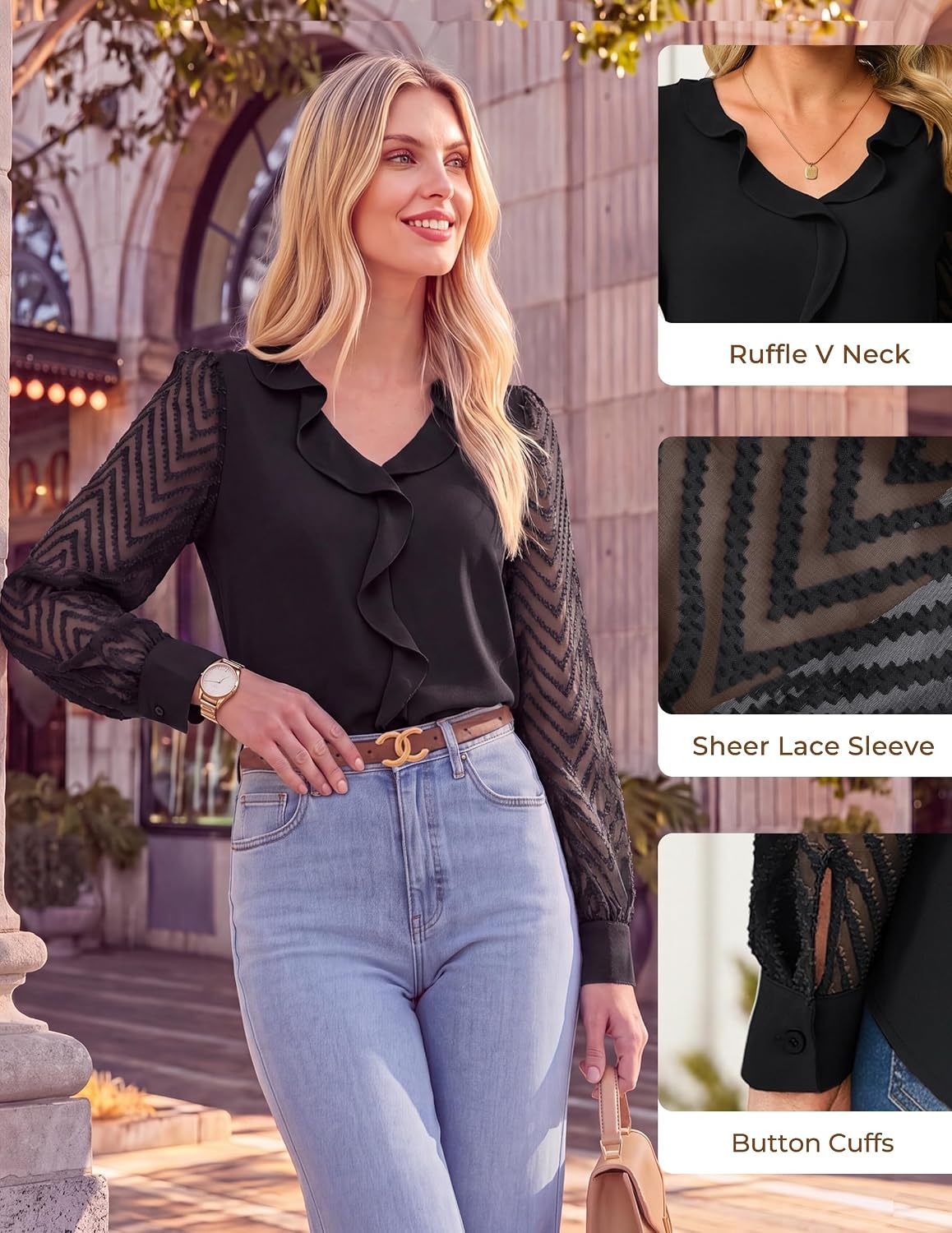 image:imageGRACE KARIN Womens Business Casual Tops Sheer Lace Long Sleeve Blouses Work Office Outfits Formal Dressy Shirt Ruffle V NeckBlack