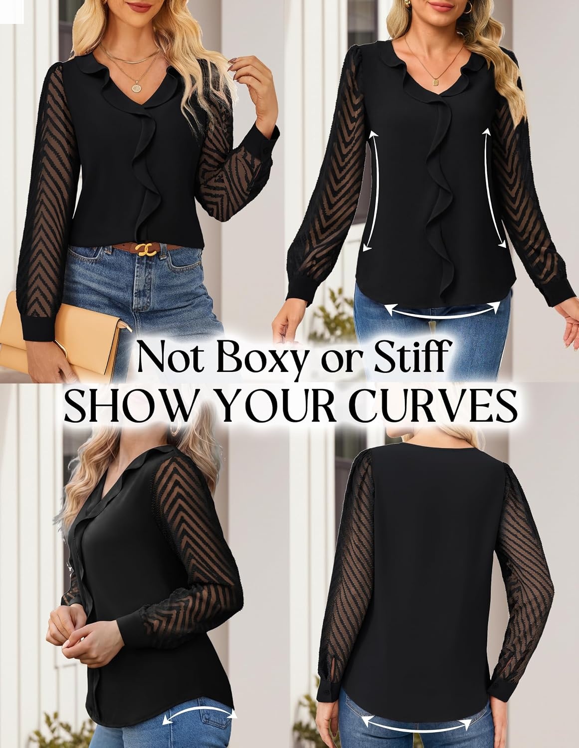 image:imageGRACE KARIN Womens Business Casual Tops Sheer Lace Long Sleeve Blouses Work Office Outfits Formal Dressy Shirt Ruffle V NeckBlack