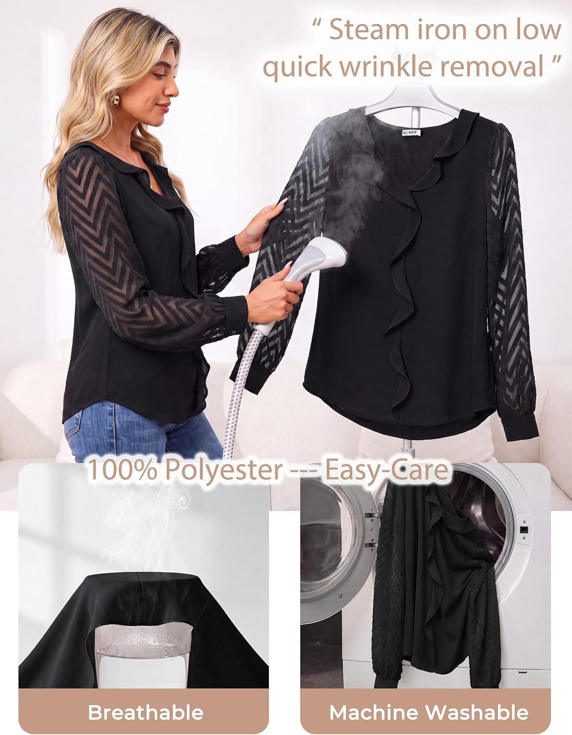 image:imageGRACE KARIN Womens Business Casual Tops Sheer Lace Long Sleeve Blouses Work Office Outfits Formal Dressy Shirt Ruffle V NeckBlack