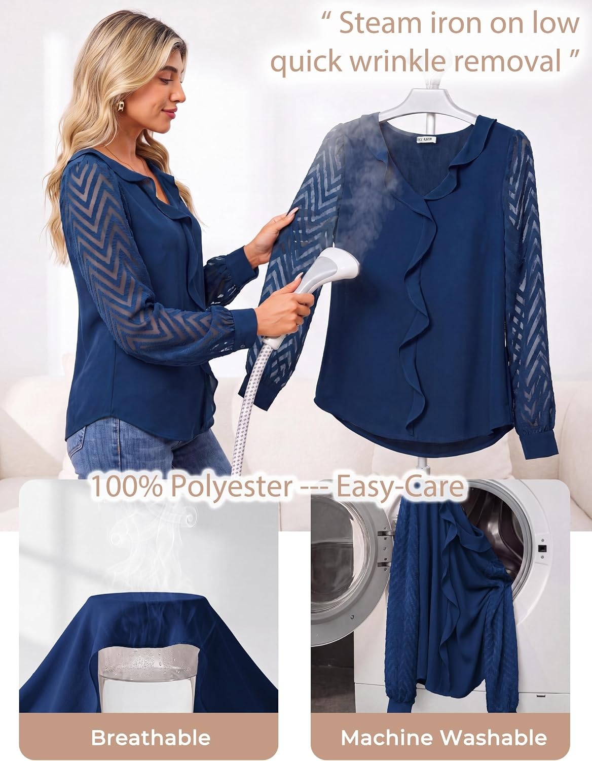 image:imageGRACE KARIN Womens Business Casual Tops Sheer Lace Long Sleeve Blouses Work Office Outfits Formal Dressy Shirt Ruffle V NeckBlue